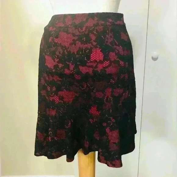 MICHAEL KORS Red Currant Black Lace Print Knit Flare Hem Skirt Petite Large NWT - Picture 6 of 16